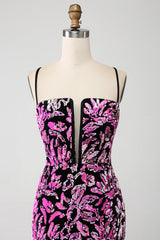 Funkelndes Mermaid Fuchsia Schwarzes Pailletten Ballkleid mit Schlitz