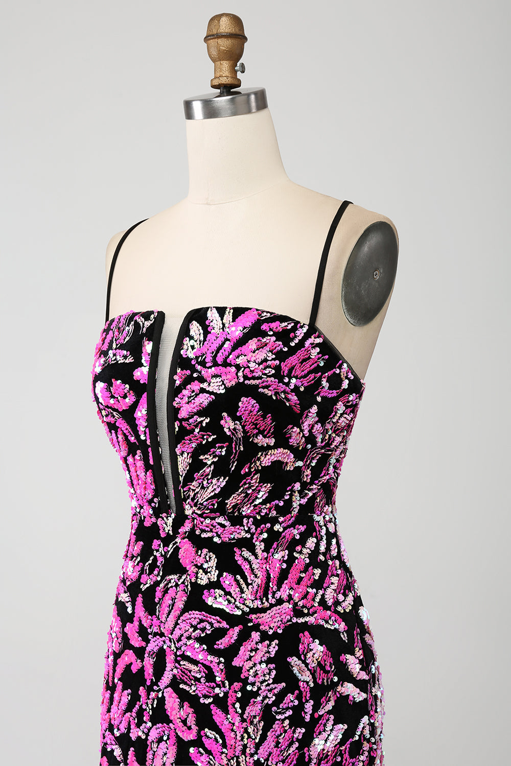 Funkelndes Mermaid Fuchsia Schwarzes Pailletten Ballkleid mit Schlitz