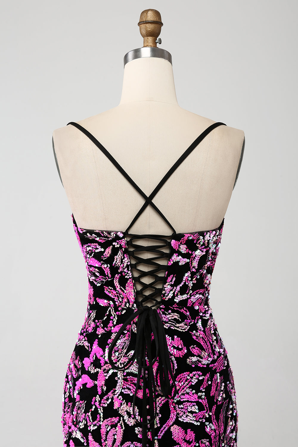 Funkelndes Mermaid Fuchsia Schwarzes Pailletten Ballkleid mit Schlitz