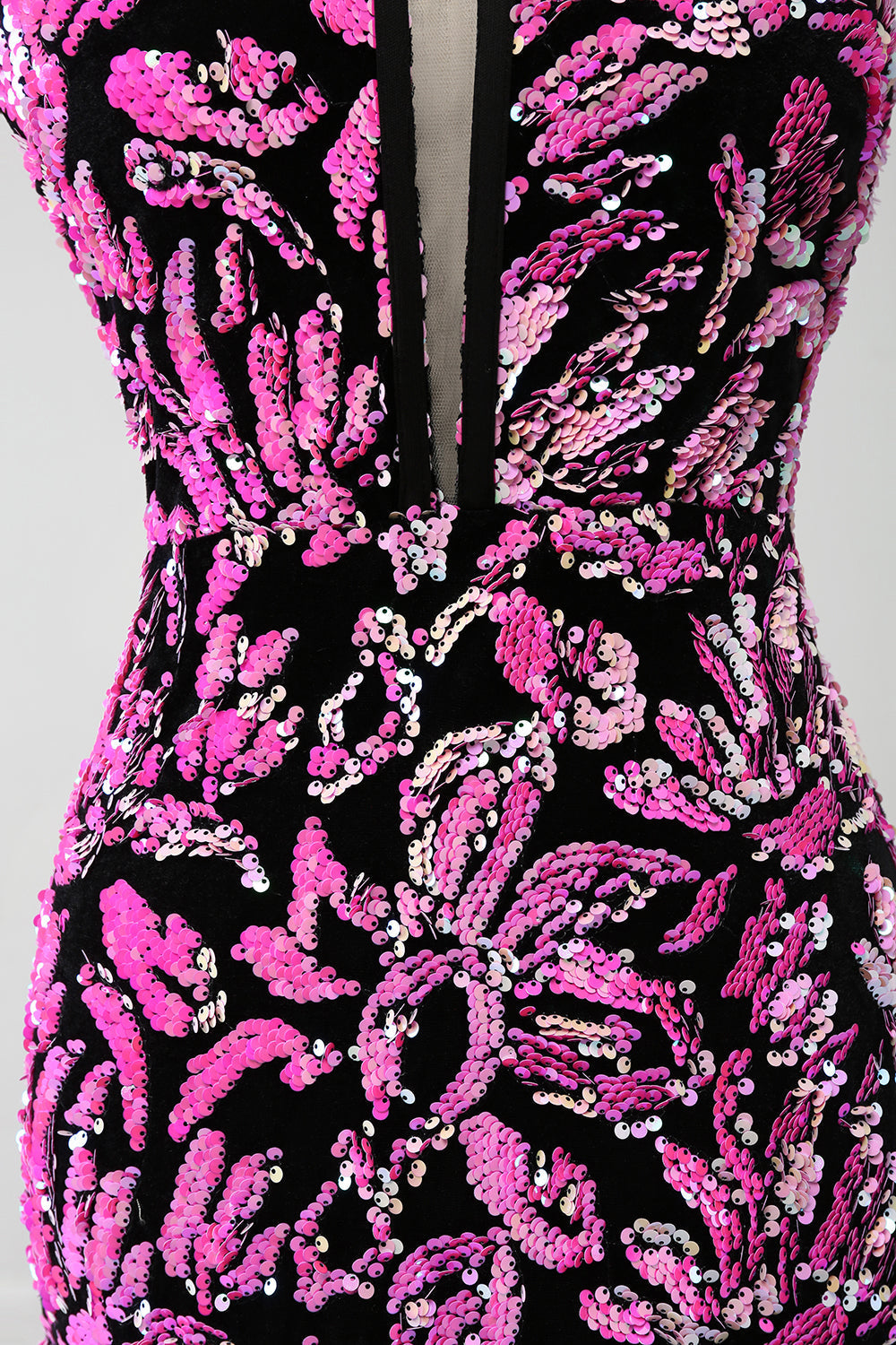 Funkelndes Mermaid Fuchsia Schwarzes Pailletten Ballkleid mit Schlitz