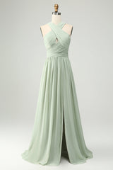ZAPAKA Damen Chiffon Salbeigrünes Brautjungfernkleid Neckholder A-Linie Hochzeitsgast Kleid