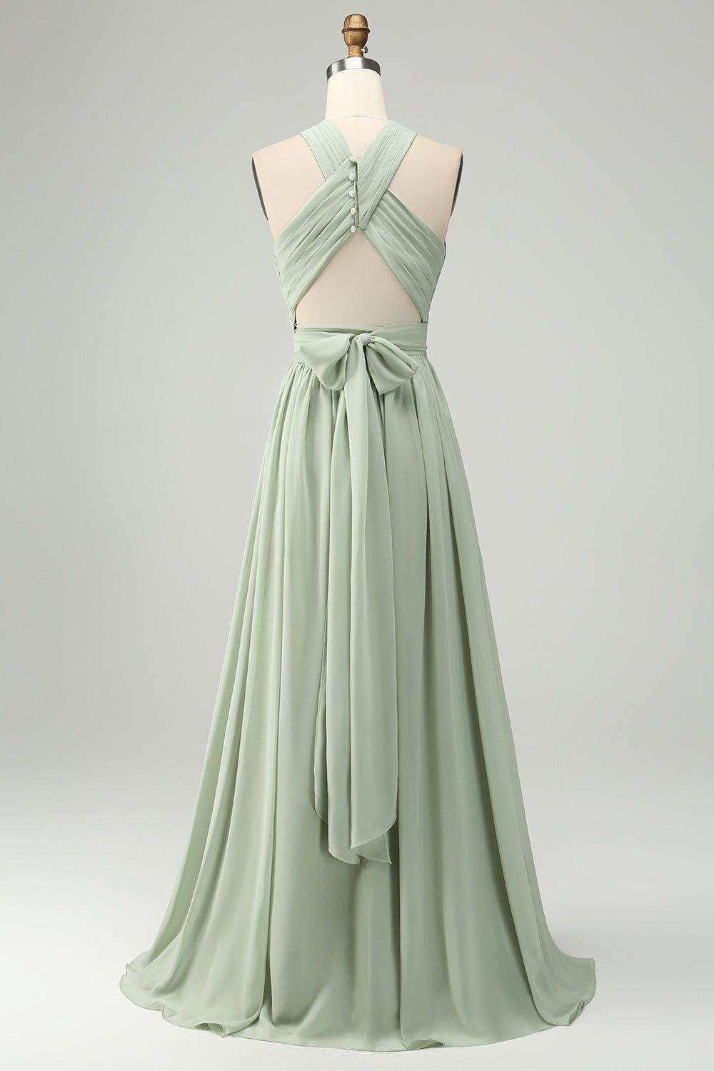 A Linie Neckholder Chiffon Salbeigrün Plissee Langes Brautjungfernkleid mit Schlitz