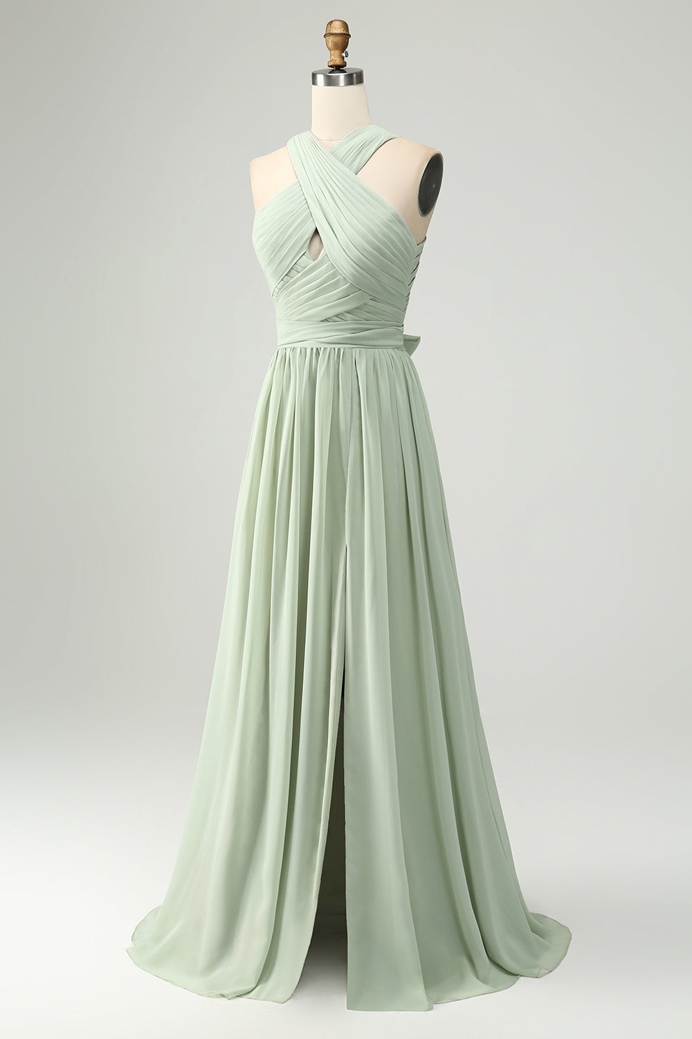 A Linie Neckholder Chiffon Salbeigrün Plissee Langes Brautjungfernkleid mit Schlitz