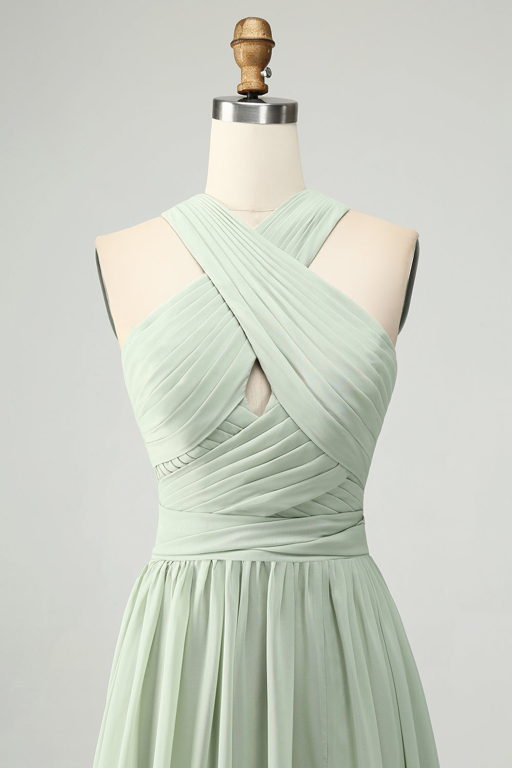 A Linie Neckholder Chiffon Salbeigrün Plissee Langes Brautjungfernkleid mit Schlitz