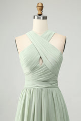 A Linie Neckholder Chiffon Salbeigrün Plissee Langes Brautjungfernkleid mit Schlitz