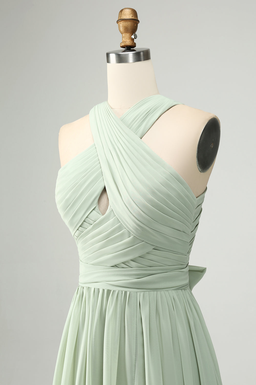 A Linie Neckholder Chiffon Salbeigrün Plissee Langes Brautjungfernkleid mit Schlitz