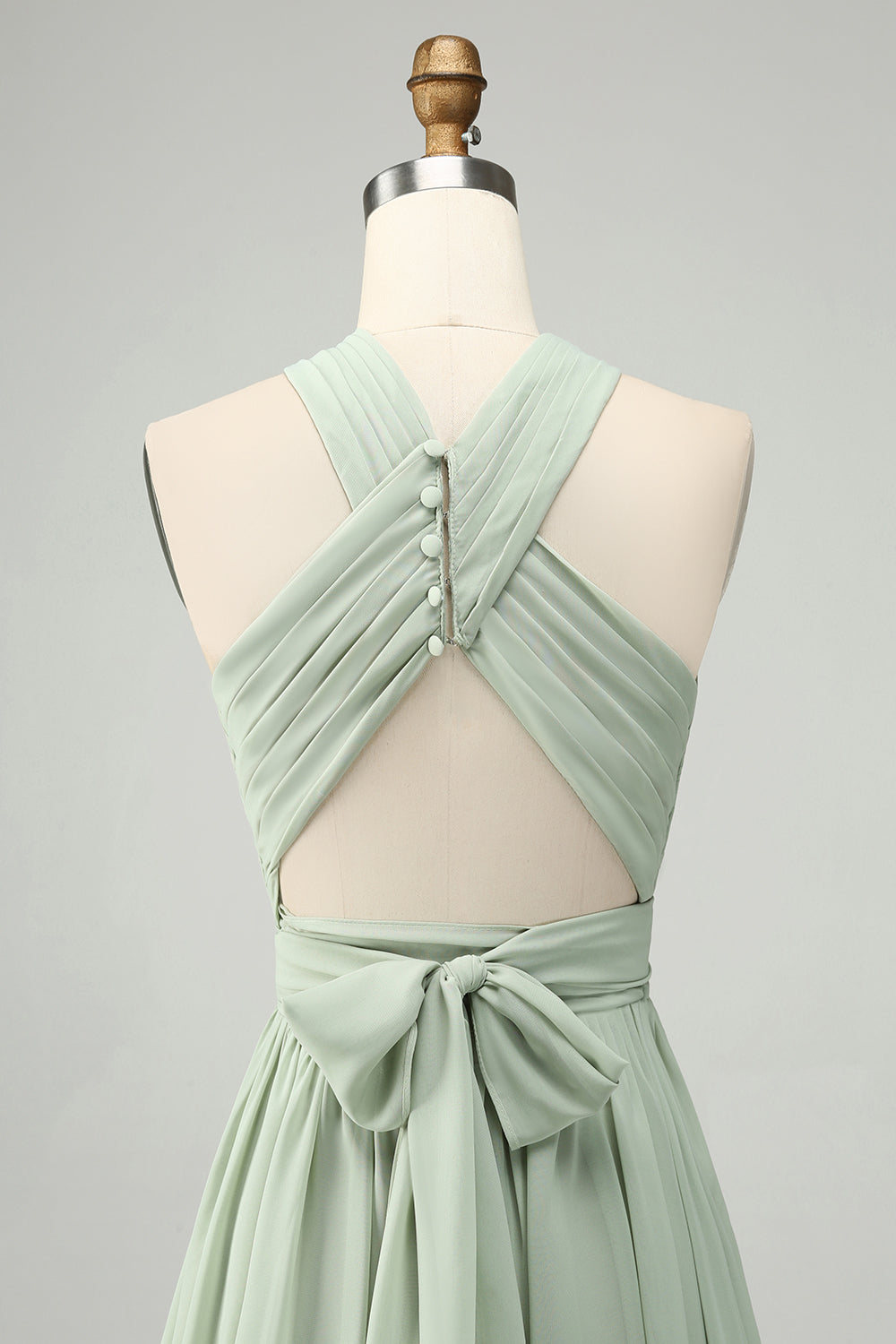 A Linie Neckholder Chiffon Salbeigrün Plissee Langes Brautjungfernkleid mit Schlitz
