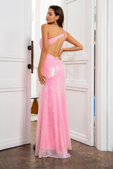 Scheide Eine Schulter Rosa Pailletten Langes Ballkleid mit Schlitz