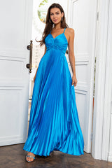 A Linie Spaghetti Träger Blau Langes Ballkleid