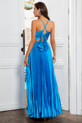 A Linie Spaghetti Träger Blau Langes Ballkleid