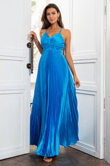A Linie Spaghetti Träger Blau Langes Ballkleid