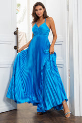 A Linie Spaghetti Träger Blau Langes Ballkleid