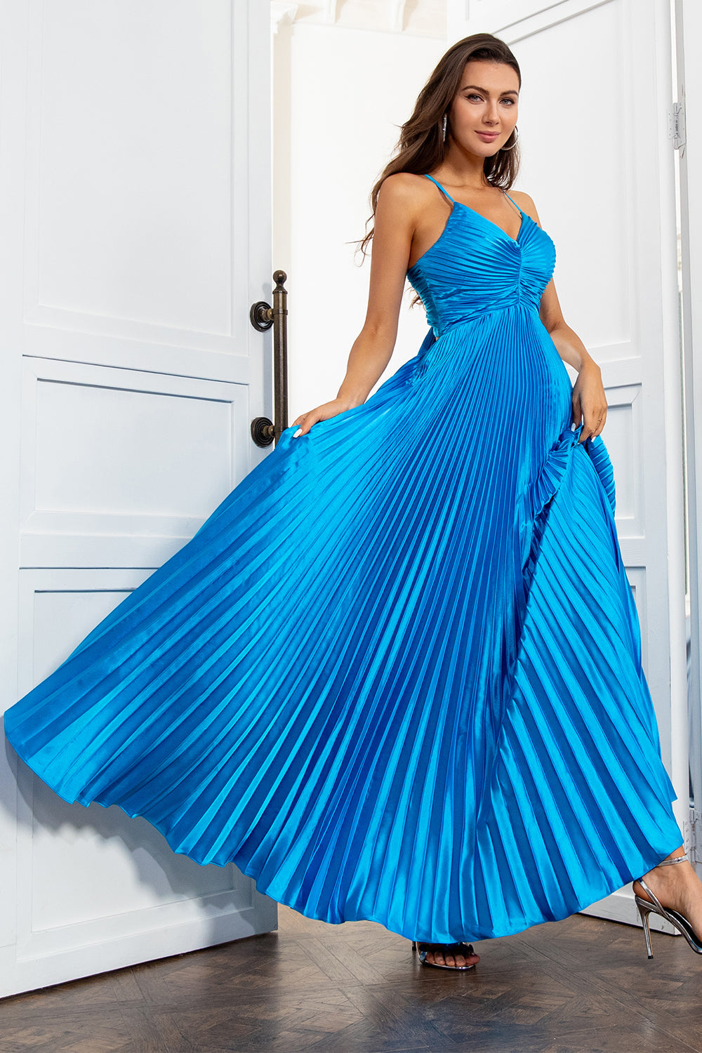 A Linie Spaghetti Träger Blau Langes Ballkleid