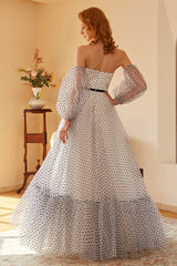 Weißes Polka Dots Langes Ballkleid mit Ärmeln