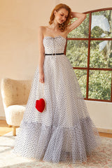 Weißes Polka Dots Langes Ballkleid mit Ärmeln