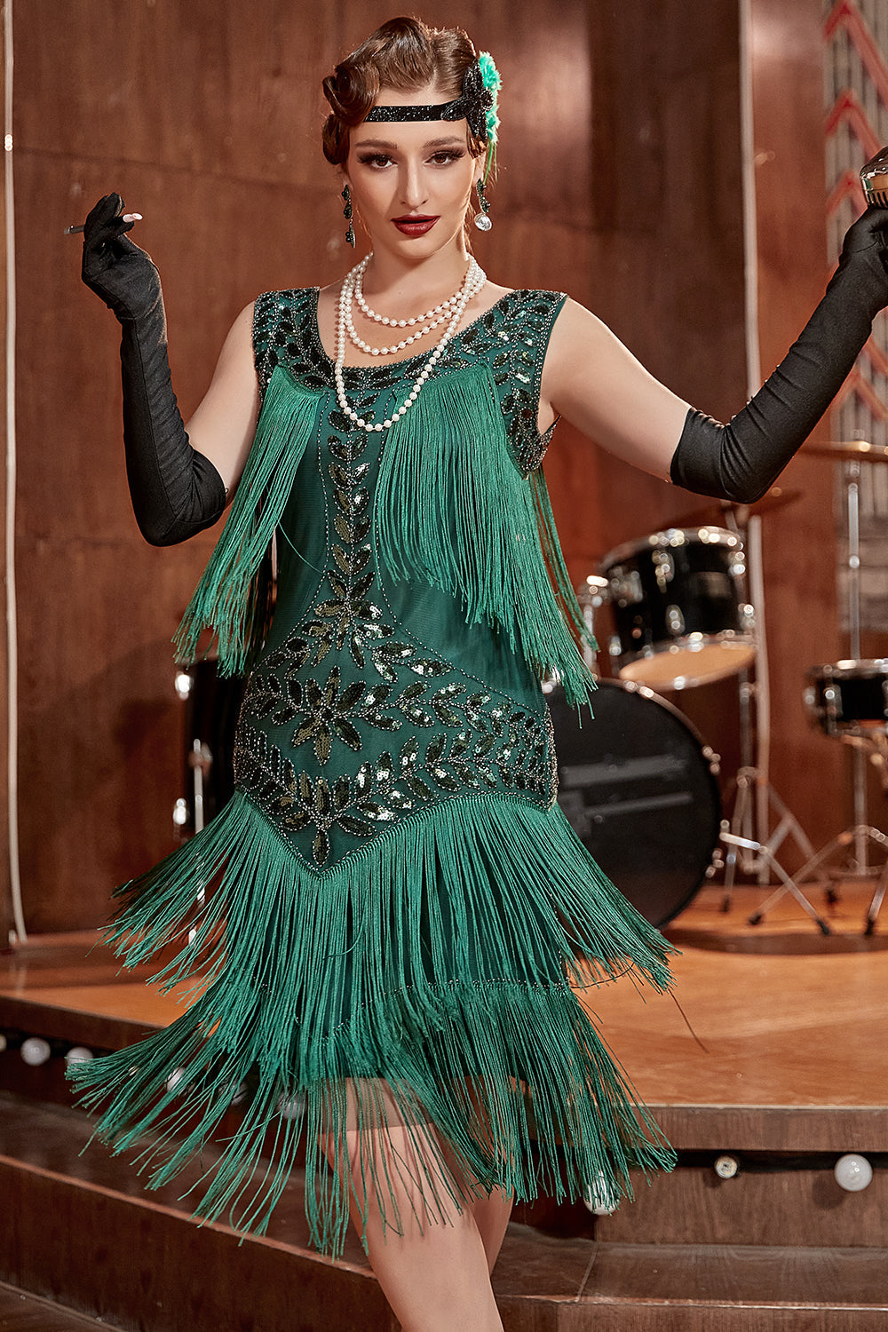 Übergröße Champagner 20er Jahre Charleston Kleid mit Pailletten und Fransen