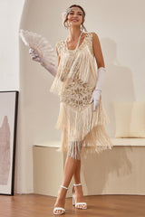 Zapaka Damen 1920er Gatsby Kleid Champagner Rundhalsausschnitt Vintage Charleston Kleid mit Fransen