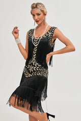 Schwarzes Gatsby Flapper Kleid aus den 1920er Jahren mit Pailletten und Fransen