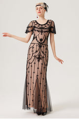Schwarzes rosa Paillettenkleid aus den 1920er Jahren