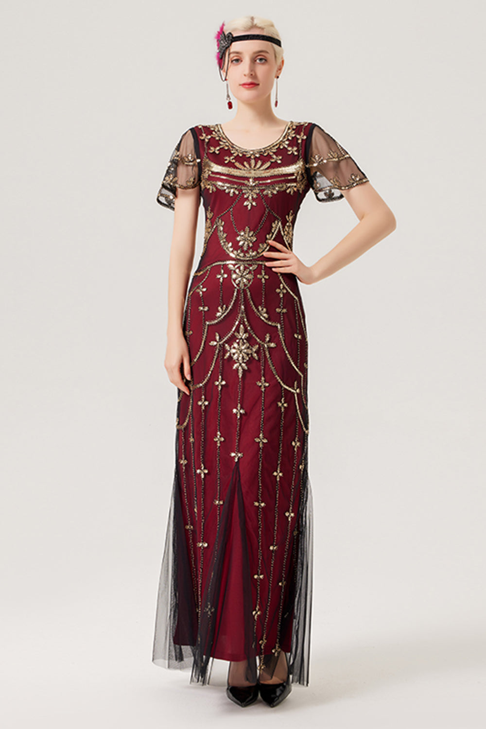 Schwarzes rosa Paillettenkleid aus den 1920er Jahren
