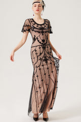 Schwarzes rosa Paillettenkleid aus den 1920er Jahren