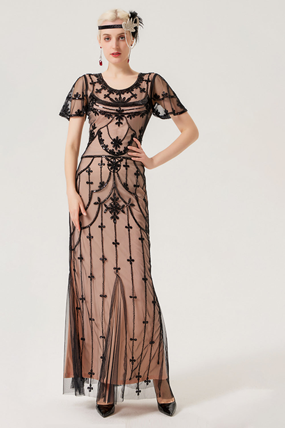 Schwarzes rosa Paillettenkleid aus den 1920er Jahren