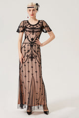 Schwarzes rosa Paillettenkleid aus den 1920er Jahren