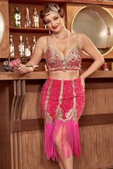 Zweiteiliges Fuchsia Gatsby 1920er Jahre Flapperkleid mit Fransen