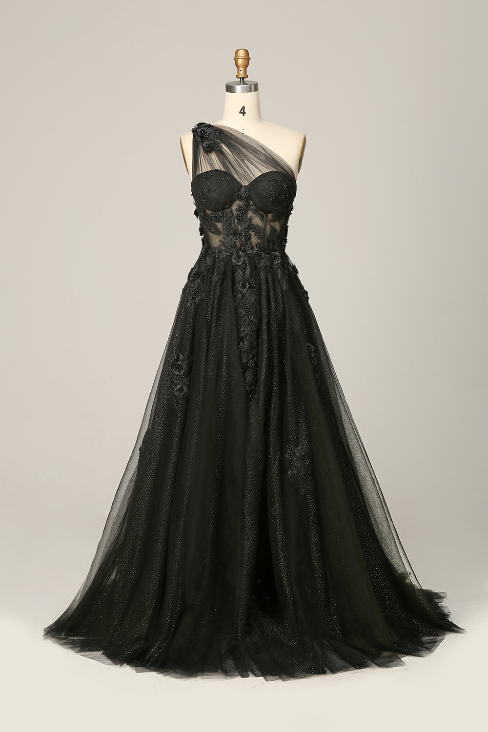 A Linie Eine Schulter Schwarzes langes Ballkleid mit Applikationen