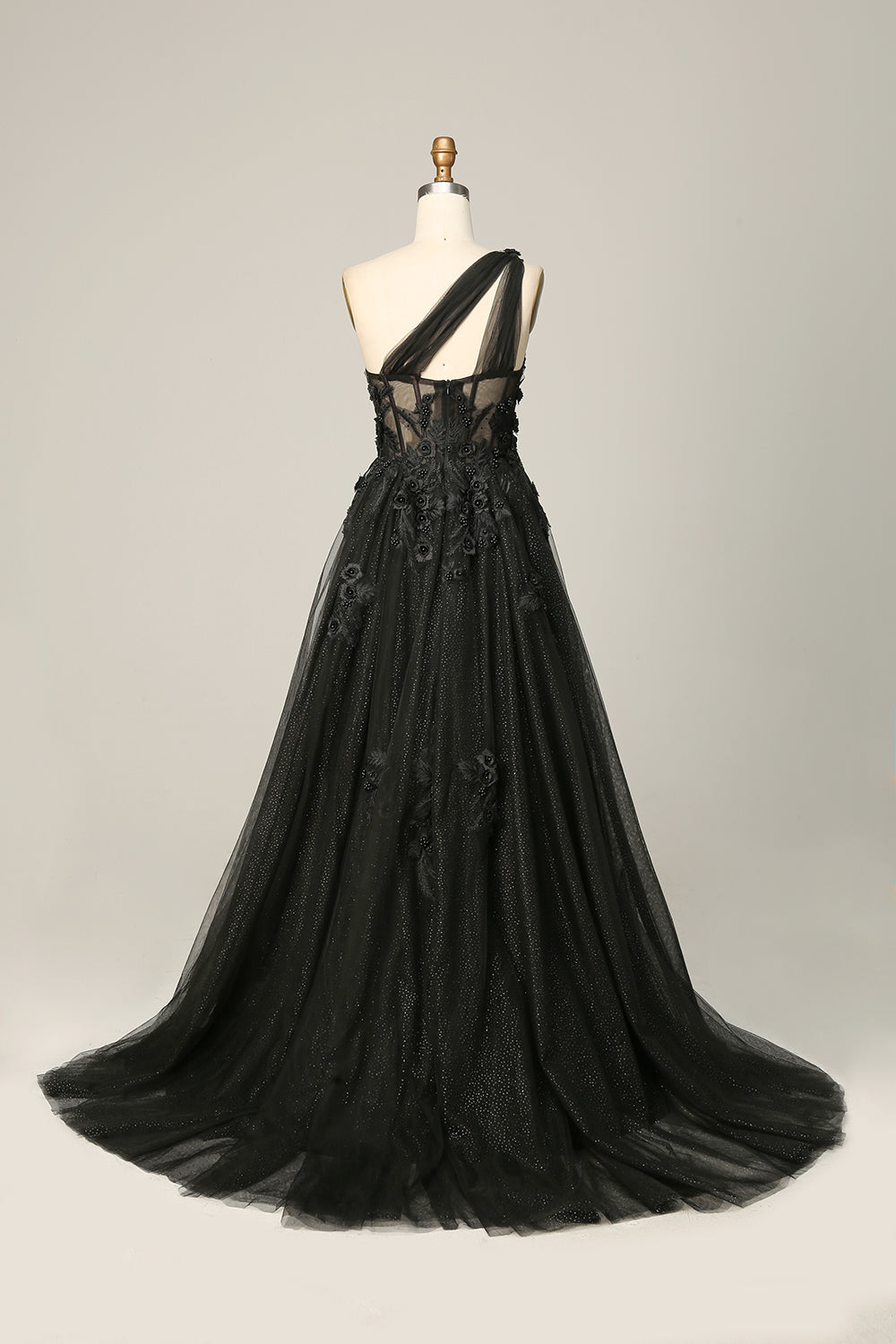 A Linie Eine Schulter Schwarzes langes Ballkleid mit Applikationen