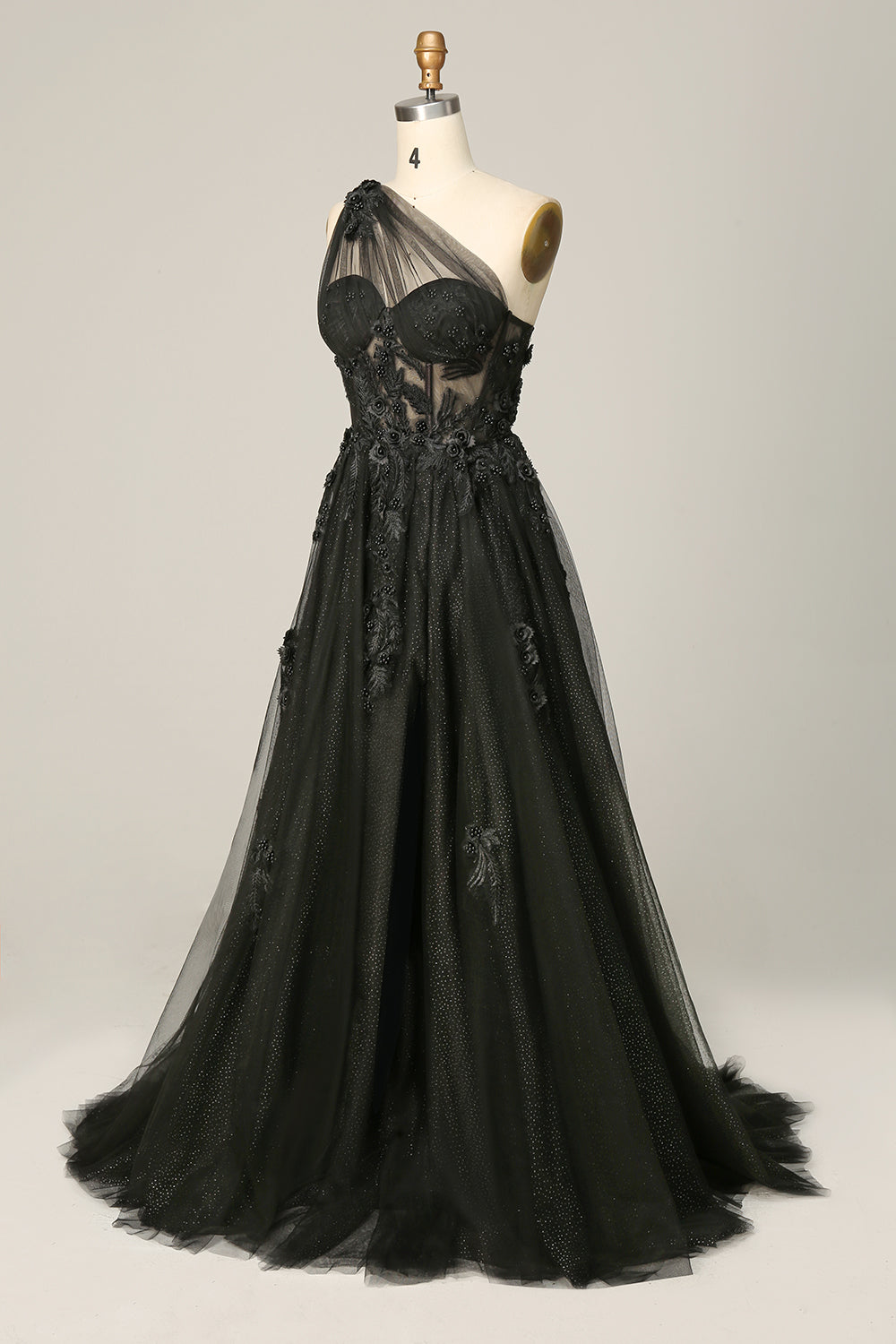 A Linie Eine Schulter Schwarzes langes Ballkleid mit Applikationen