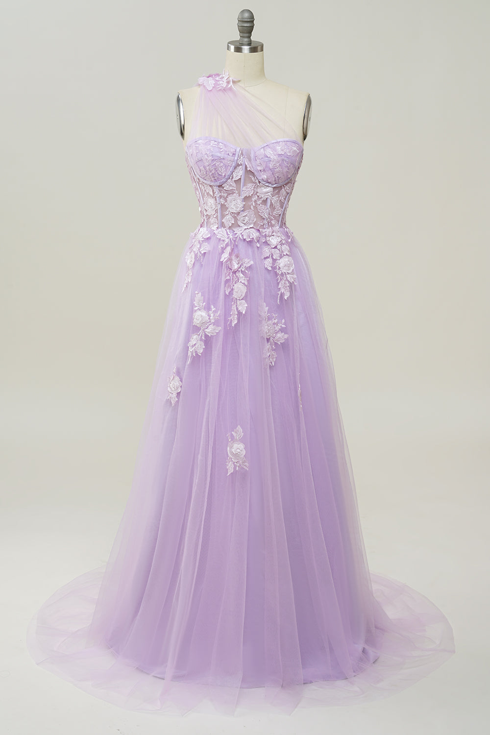 A Linie Eine Schulter Himmelblaues langes Ballkleid mit Applikationen