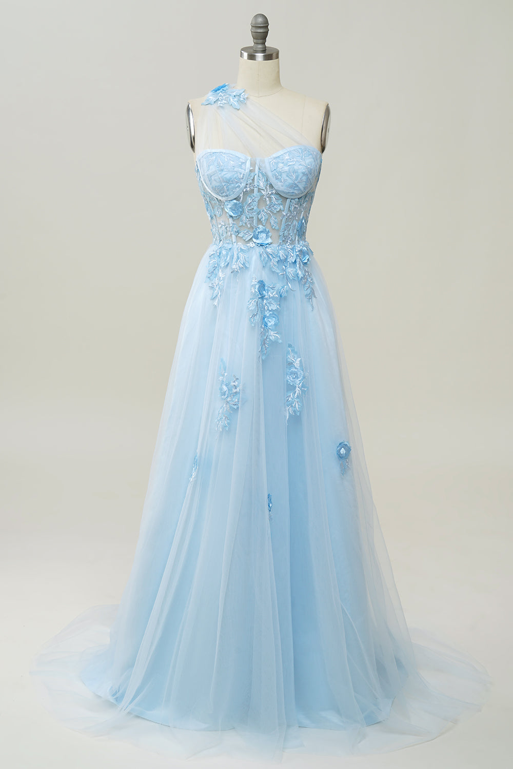 A Linie Eine Schulter Himmelblaues langes Ballkleid mit Applikationen