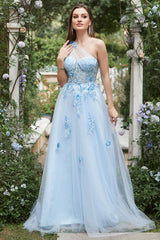 A Linie Eine Schulter Himmelblaues langes Ballkleid mit Applikationen