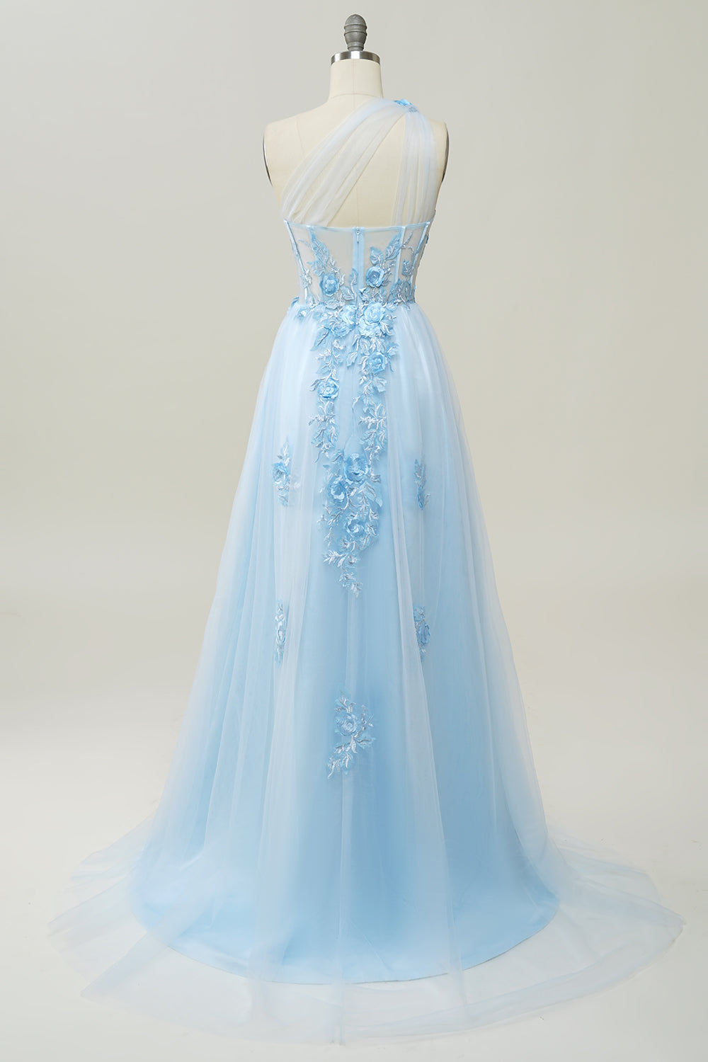 A Linie Eine Schulter Himmelblaues langes Ballkleid mit Applikationen