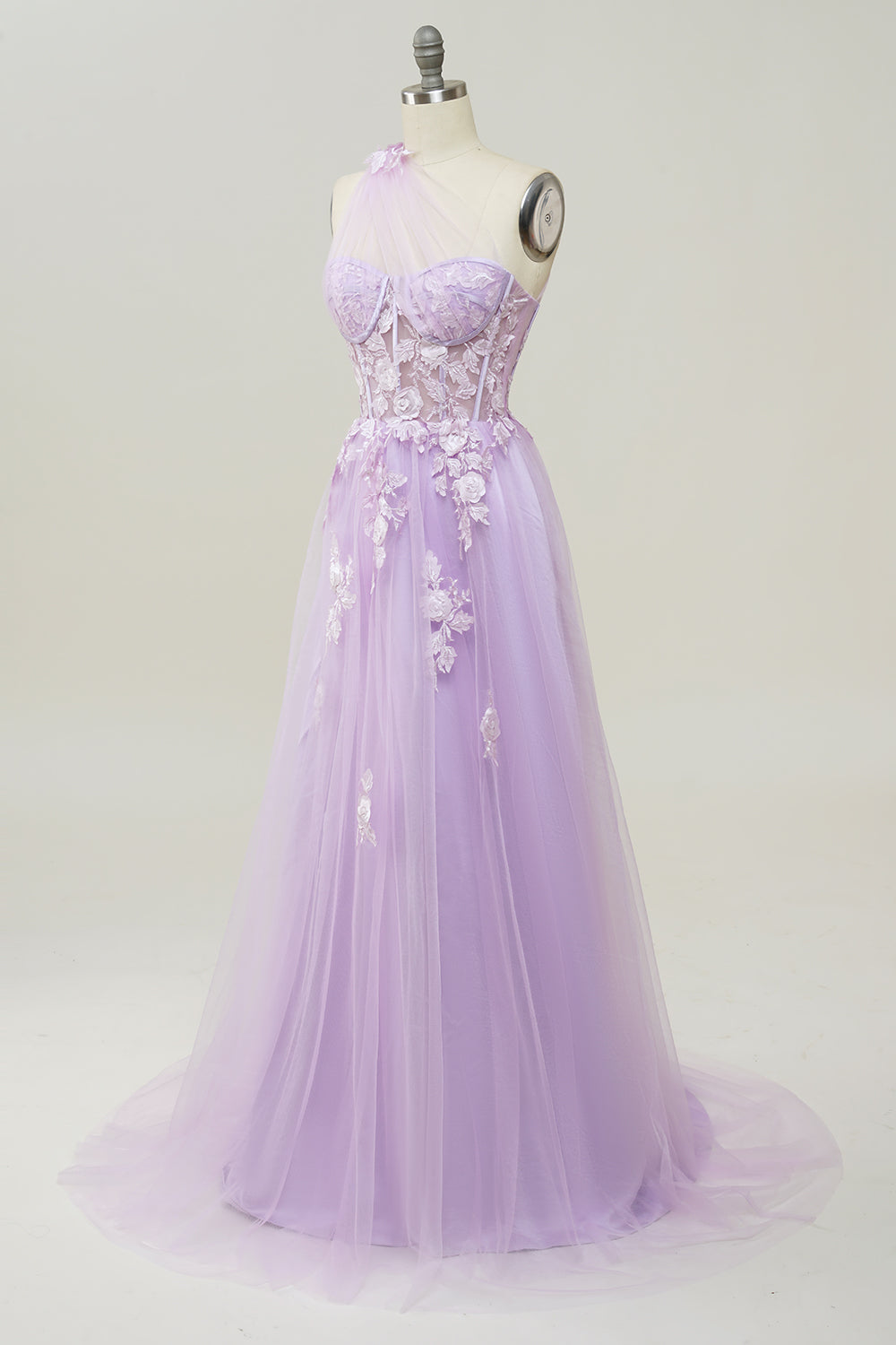 A-Linie Eine Schulter Lila langes Ballkleid mit Applikationen
