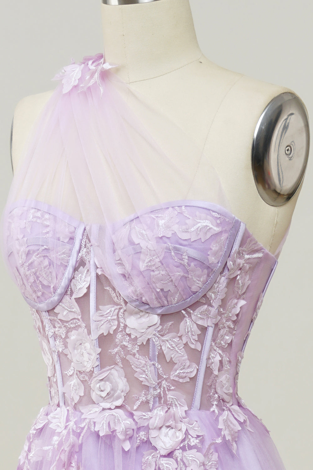 A Linie Eine Schulter Himmelblaues langes Ballkleid mit Applikationen