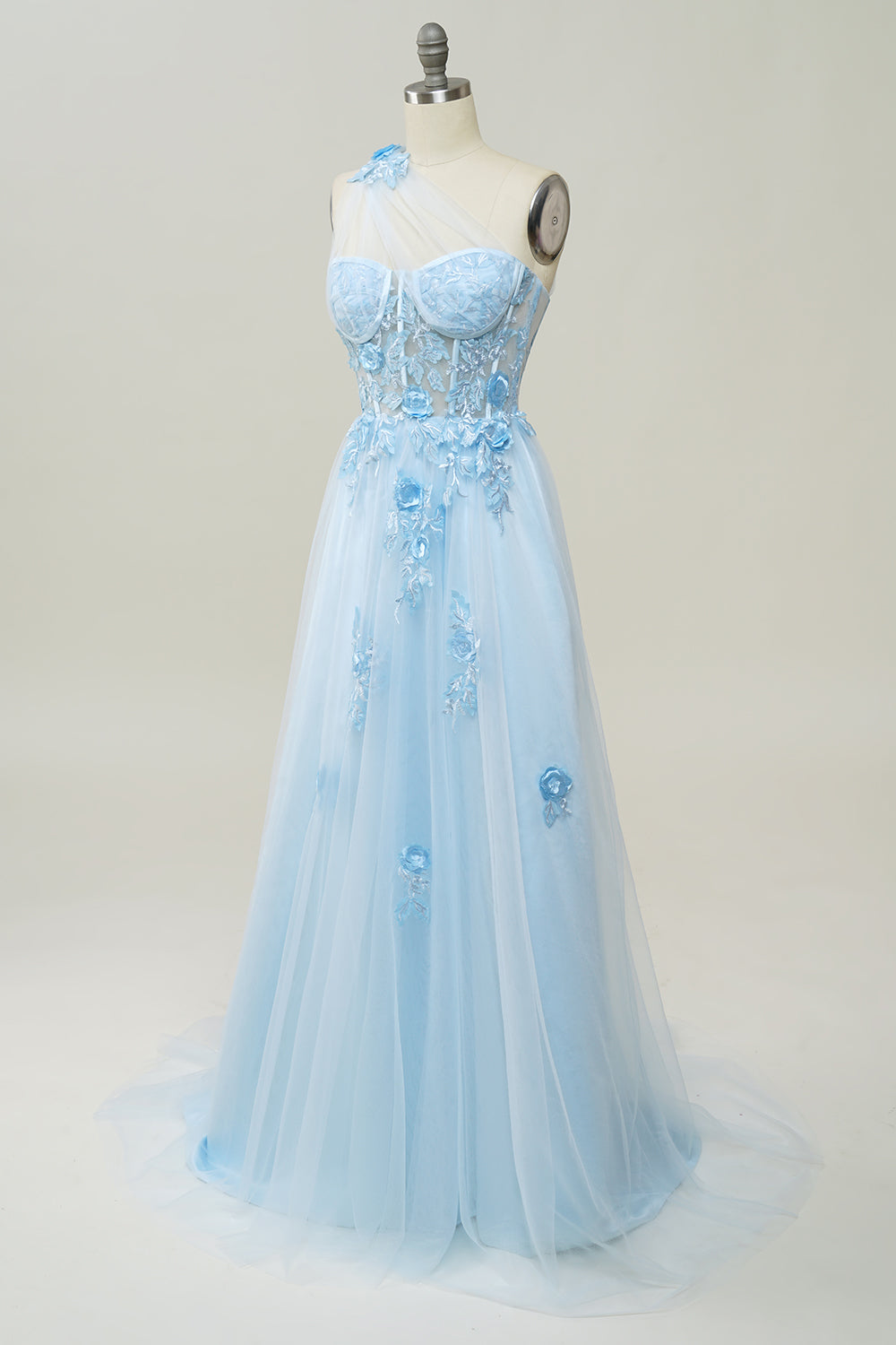 A Linie Eine Schulter Himmelblaues langes Ballkleid mit Applikationen