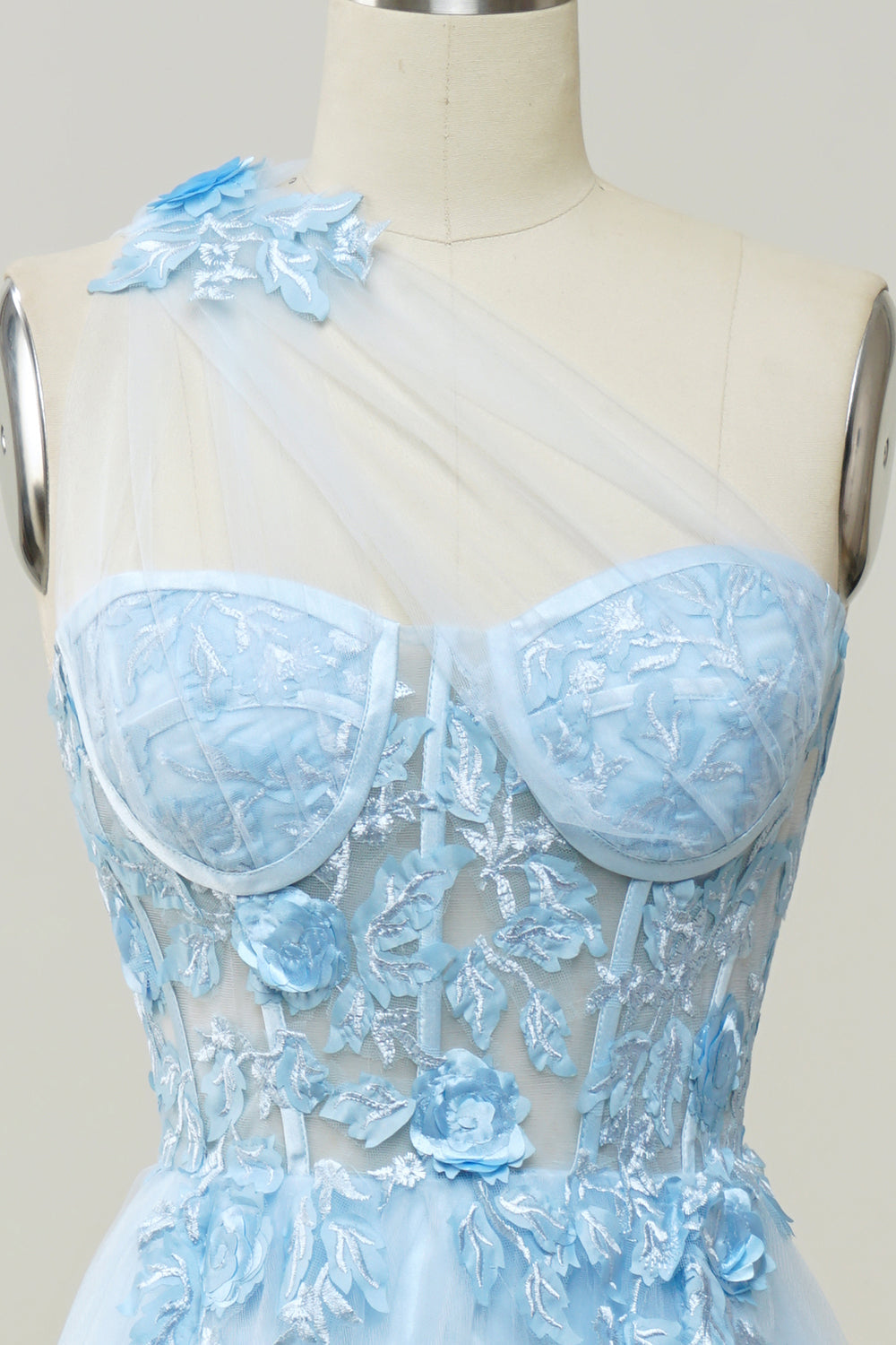 A Linie Eine Schulter Himmelblaues langes Ballkleid mit Applikationen