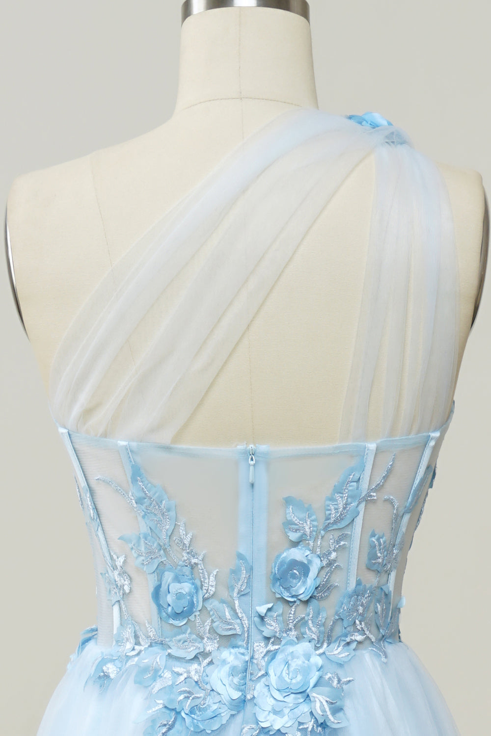 A Linie Eine Schulter Himmelblaues langes Ballkleid mit Applikationen