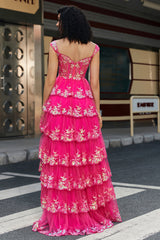 Schulterfreies fuchsia Korsett Ballkleid mit Schlitz
