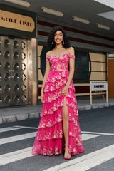 Schulterfreies fuchsia Korsett Ballkleid mit Schlitz