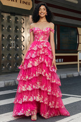 Schulterfreies fuchsia Korsett Ballkleid mit Schlitz