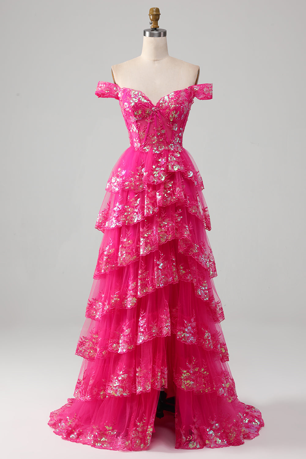 Schulterfreies fuchsia Ballkleid mit Pailletten