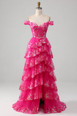Schulterfreies fuchsia Ballkleid mit Pailletten