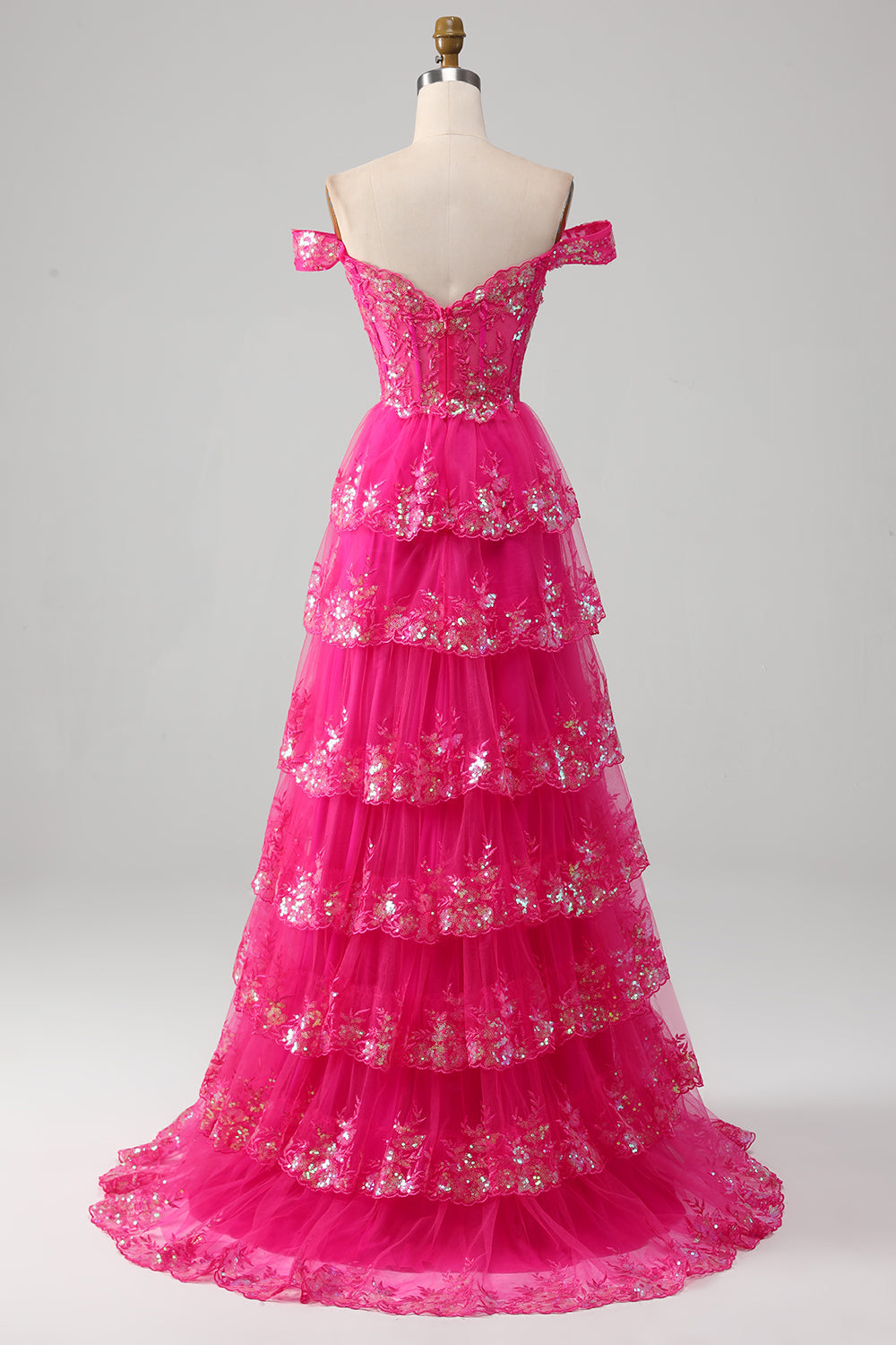 Schulterfreies fuchsia Ballkleid mit Pailletten
