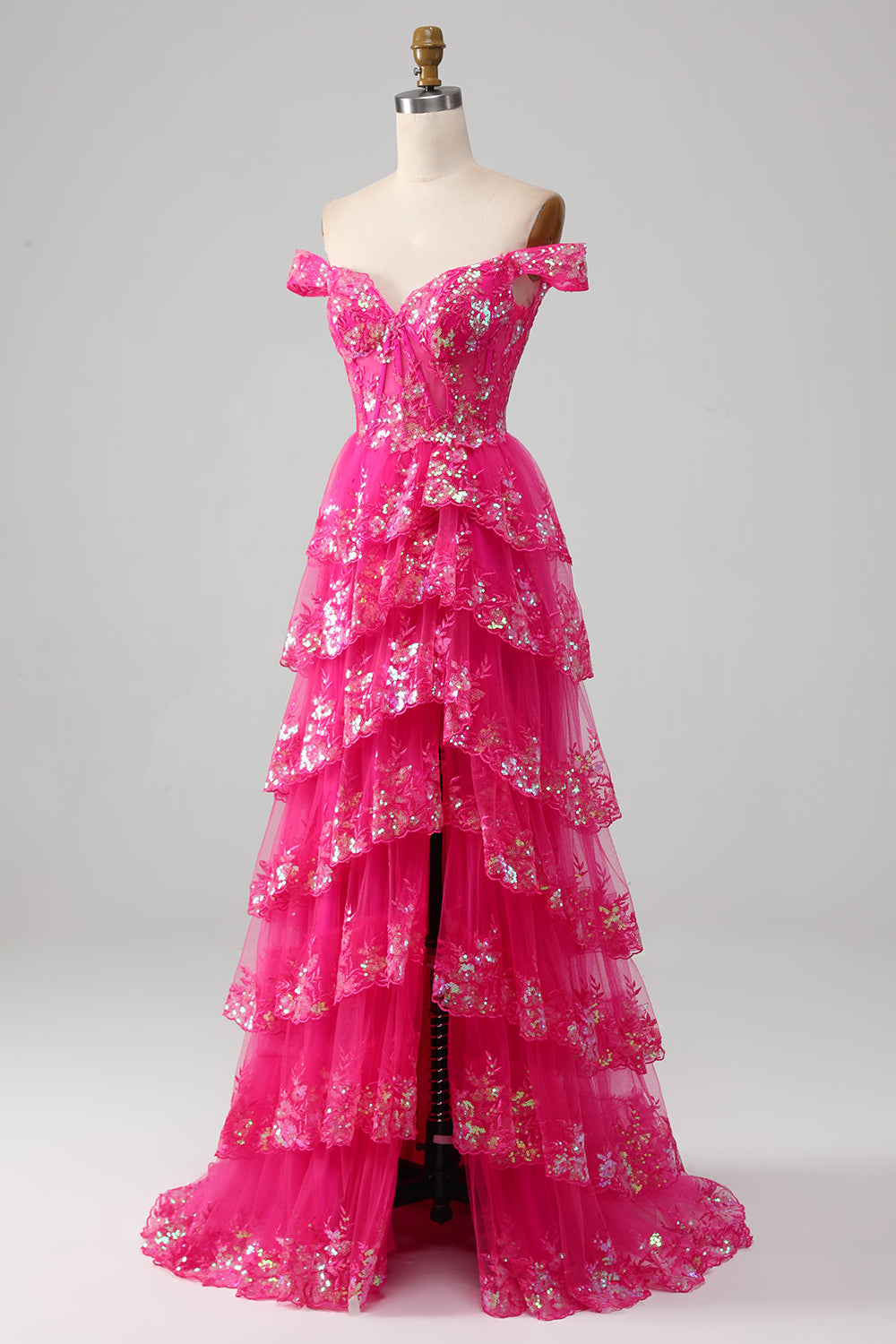 Schulterfreies fuchsia Ballkleid mit Pailletten