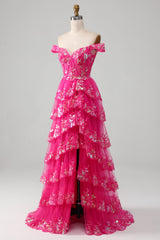 Schulterfreies fuchsia Ballkleid mit Pailletten