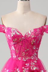 Schulterfreies fuchsia Ballkleid mit Pailletten