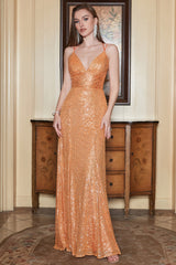 Orange Pailletten Rückenloses Meerjungfrau Ballkleid